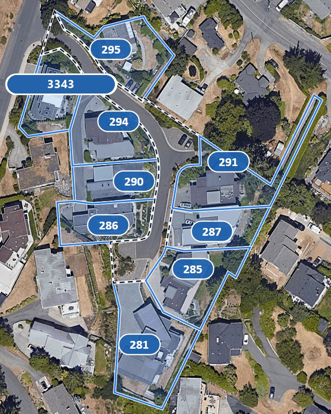 Aerial photo of a strata with each lot boundary and the common property drawn on