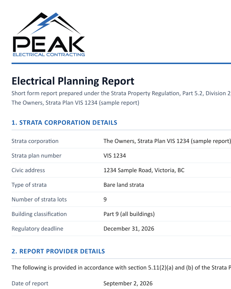 Top of page one of a Peak electrical planning report, sample data